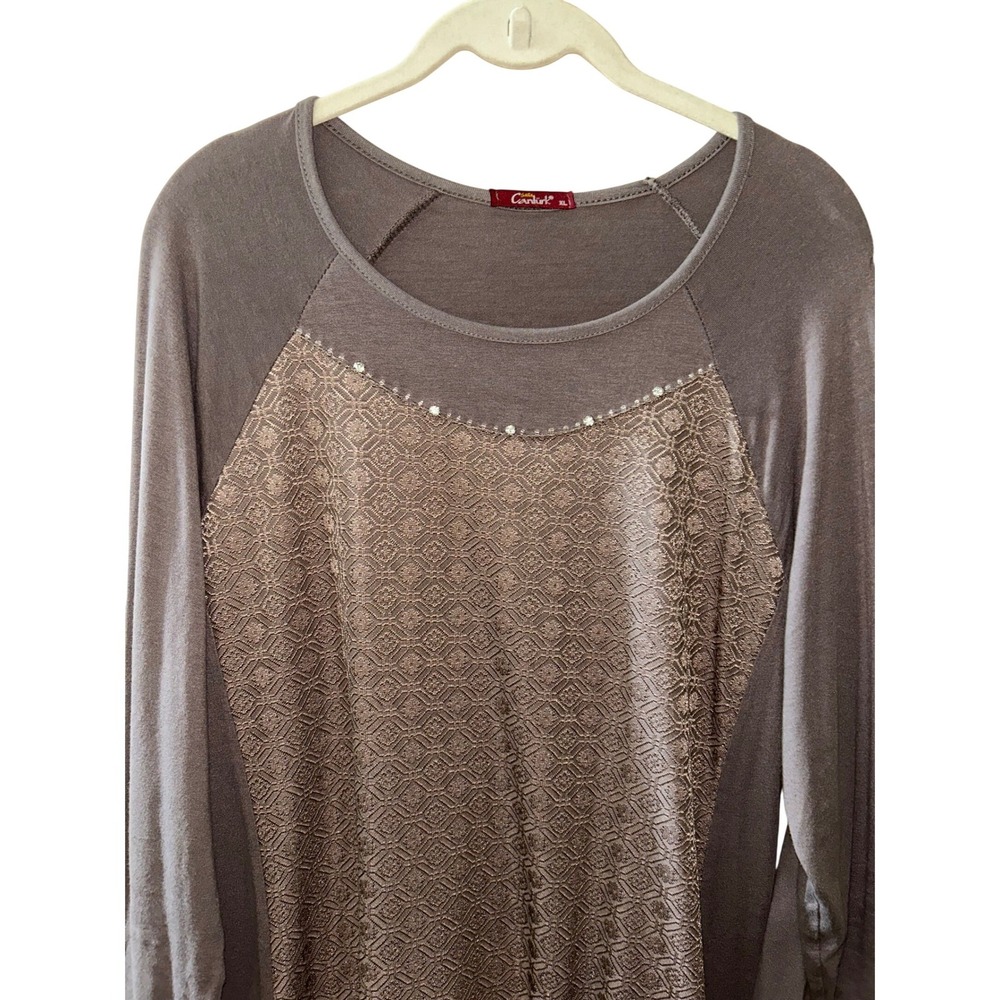 Taupe Gray Geometric Pattern Tunic Dress Rhinestone Accents by Canturk XL‎ - Picture 3 of 5